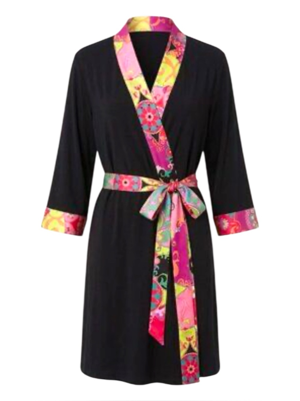 Josie Natori Kimono Short Wrap Robe Women's Black Colorful Print Border Belted M